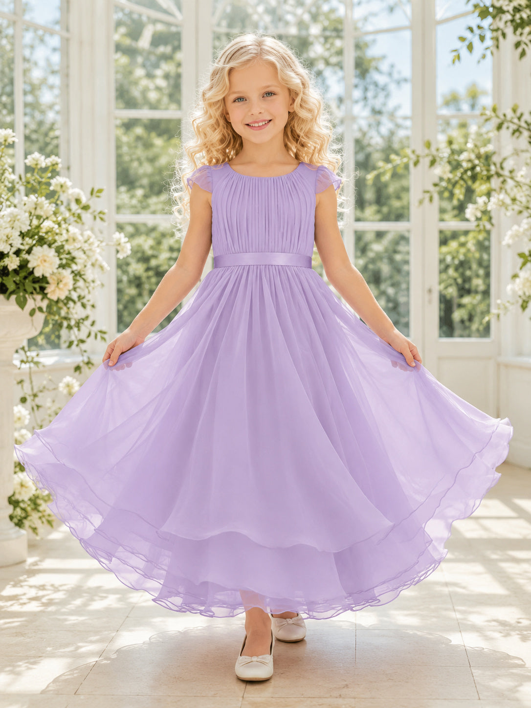 Flower Girl Dress Lavender Tulle A-Line Jewel Tea length Bow Detail front view