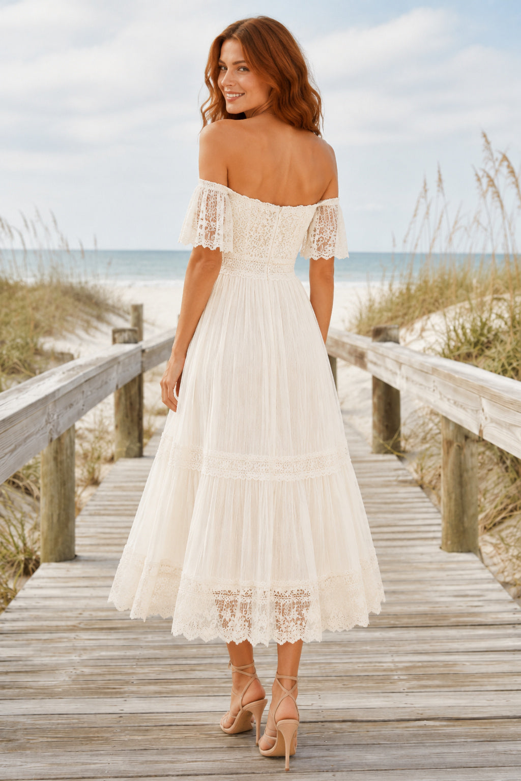 Off the Shoulder Tea Length Wedding Dress with Lace Bodice and Tiered Tulle Skirt back view