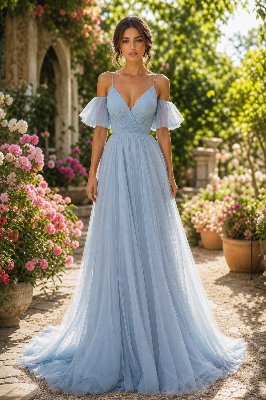 Light Blue Off-the-Shoulder Floor-Length Tulle A-Line Dress