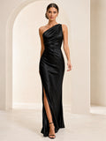 Black Satin One Shoulder Slit Sheath Evening Dress front view