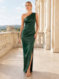 Castle Dark Green One-Shoulder Crepe Sheath Floor-Length Slit Dress front view
