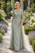 Sage Bateau A-Line Mother Dress with Illusion Lace Bodice and Chiffon Skirt for Evening Reception front view
