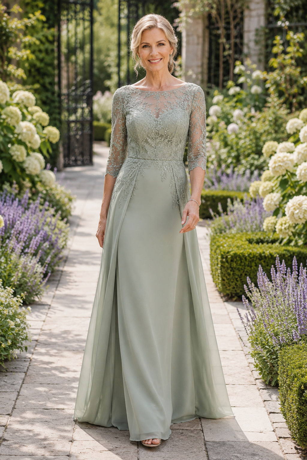 Sage Bateau A-Line Mother Dress with Illusion Lace Bodice and Chiffon Skirt for Evening Reception front view