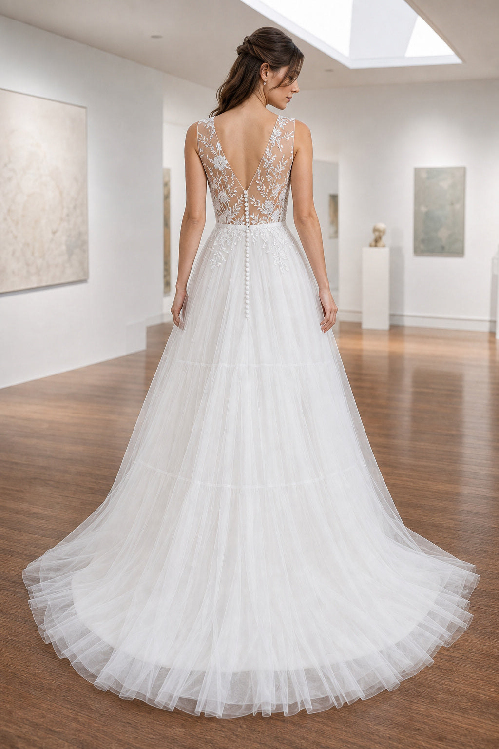 White Halter A-Line Chiffon Floor-length Wedding Dress With Pleated Skirt and Layered Skirt and Open Back
