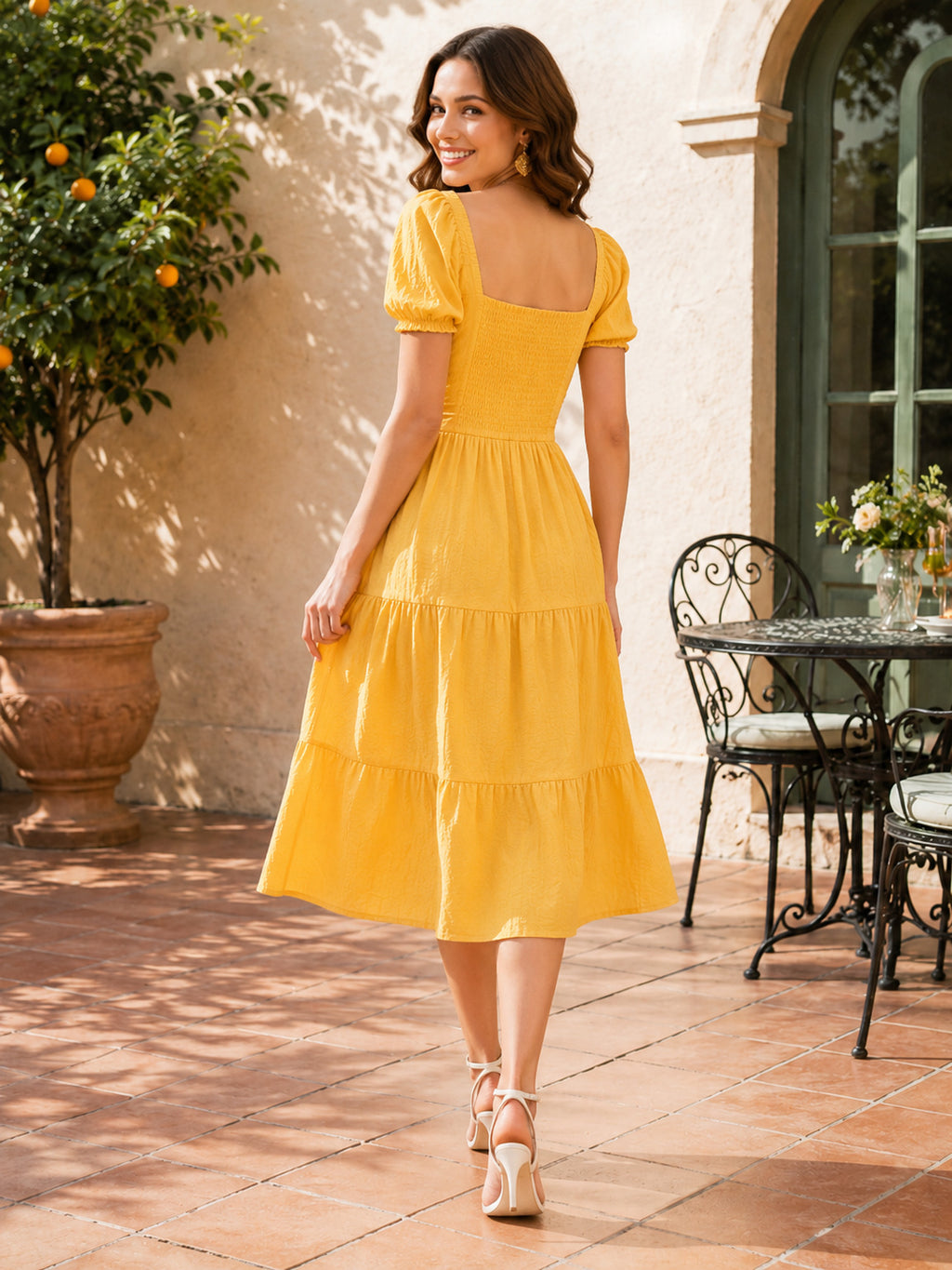 Yellow square neck puff sleeve tiered midi sundress back view