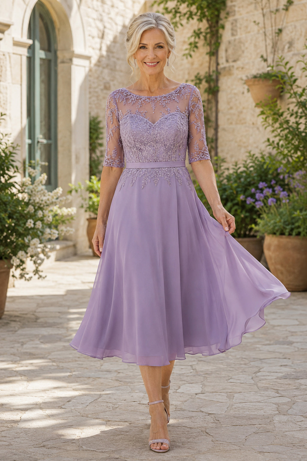 Lavender Tea-Length Lace Bodice Mother Dress with Illusion Three-Quarter Sleeves front view