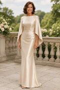 Ivory Bateau Satin Sheath Mother Dress with Cape Sleeves and Clean Minimal Finish front view