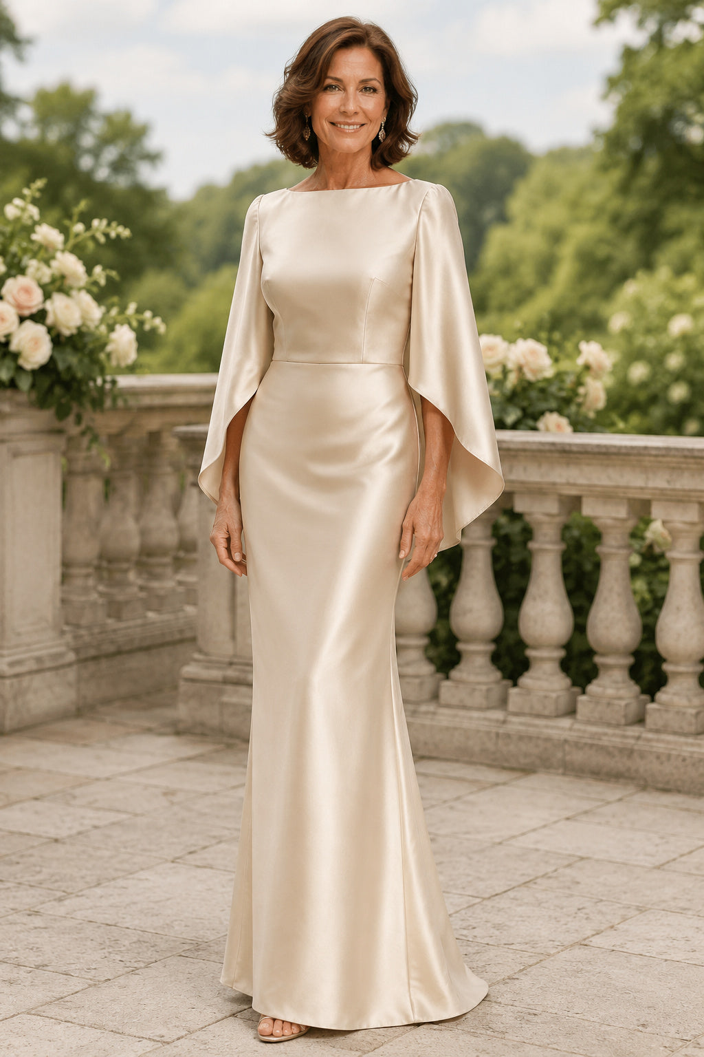 Ivory Bateau Satin Sheath Mother Dress with Cape Sleeves and Clean Minimal Finish front view