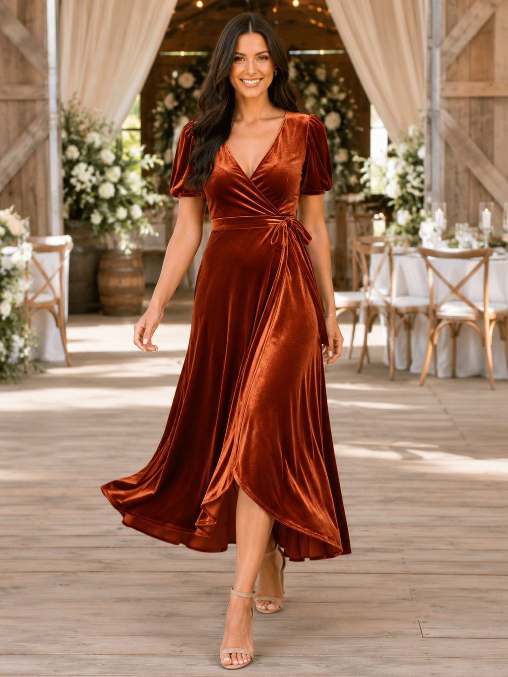 Orange V-Neck Puff Sleeve Velvet Wrap High-Low Wedding Guest Dress front view