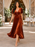 Orange V-Neck Puff Sleeve Velvet Wrap High-Low Wedding Guest Dress front view