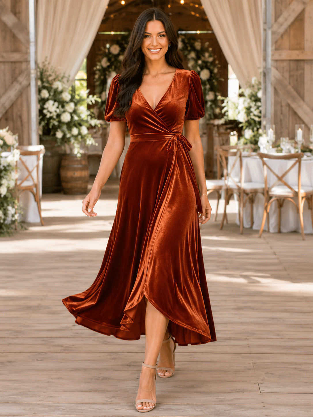 Orange V-Neck Puff Sleeve Velvet Wrap High-Low Wedding Guest Dress front view