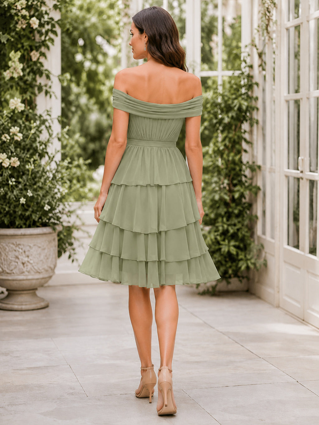 Sage Off-the-shoulder Tiered Cocktail Dress back view
