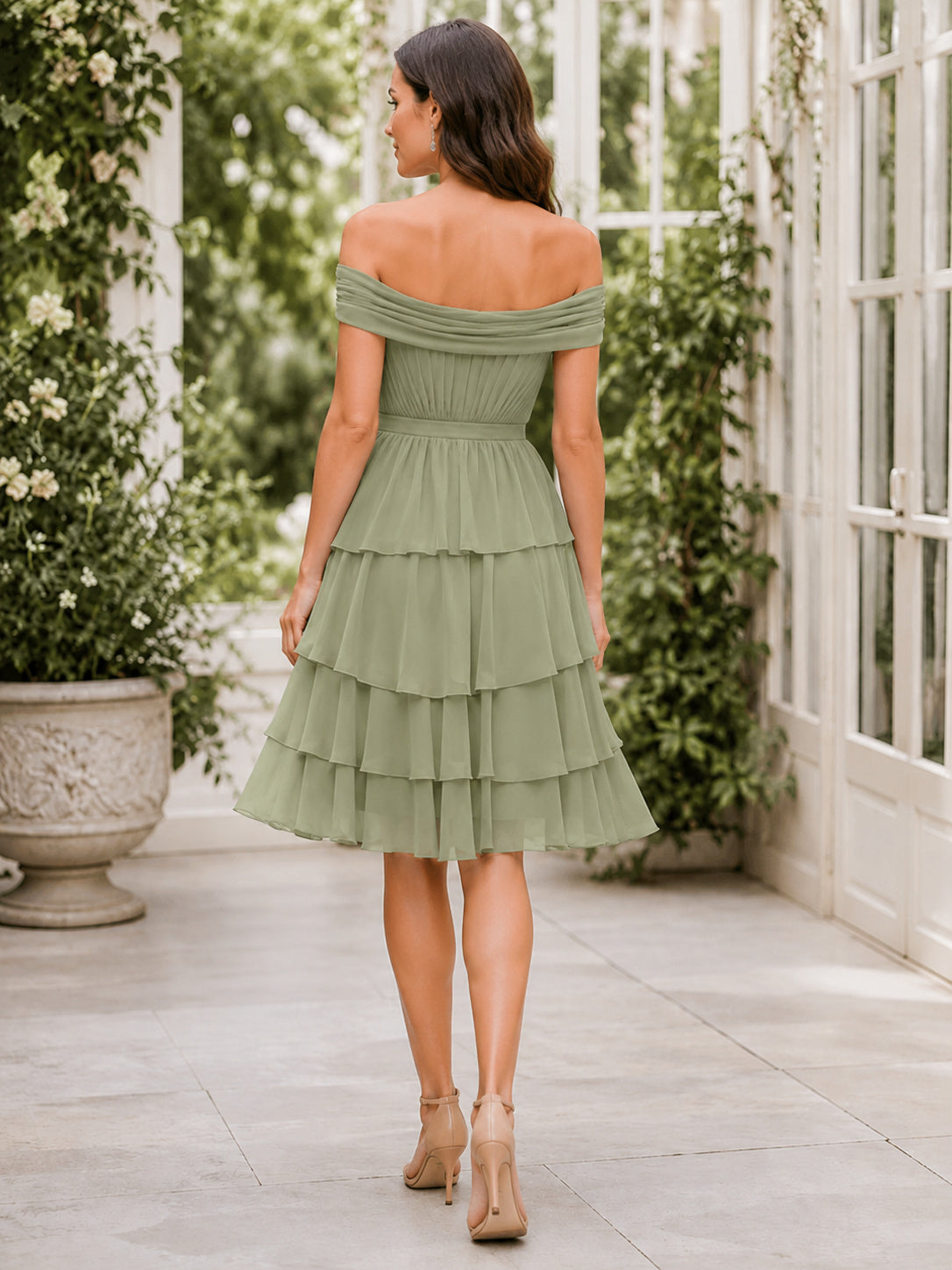 Sage Off-the-shoulder Tiered Cocktail Dress back view