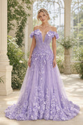 Lavender Off-the-Shoulder A-Line Tulle Floor-Length Dress With Floral Appliques