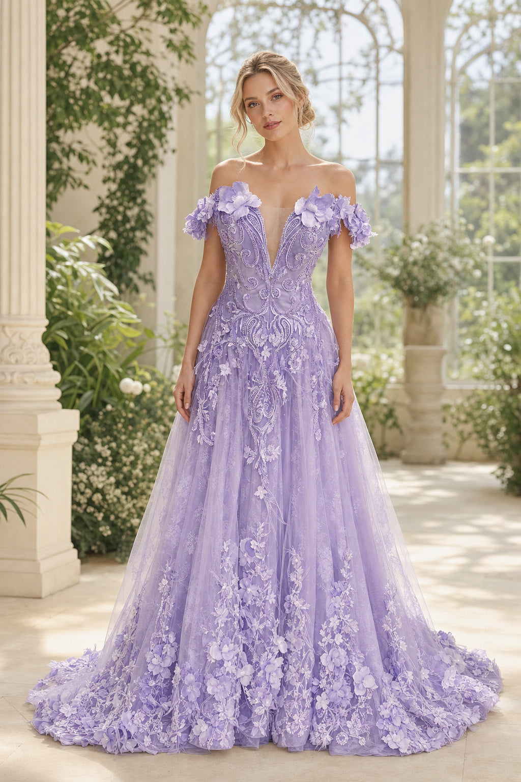 Lavender Off-the-Shoulder A-Line Tulle Floor-Length Dress With Floral Appliques