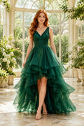Dark Green V-Neck High-Low Layered Tulle Prom Dress with Beaded Bodice and Cascading Ruffles front view