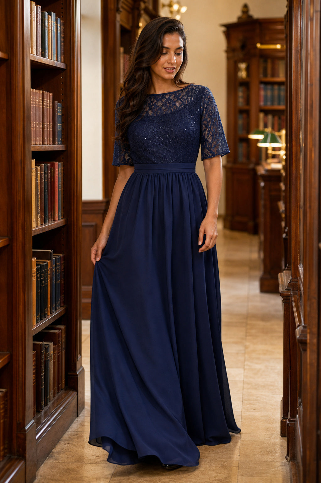 Bateau Neck Short Sleeve A-Line Chiffon Floor-Length Dress With Lace Bodice
