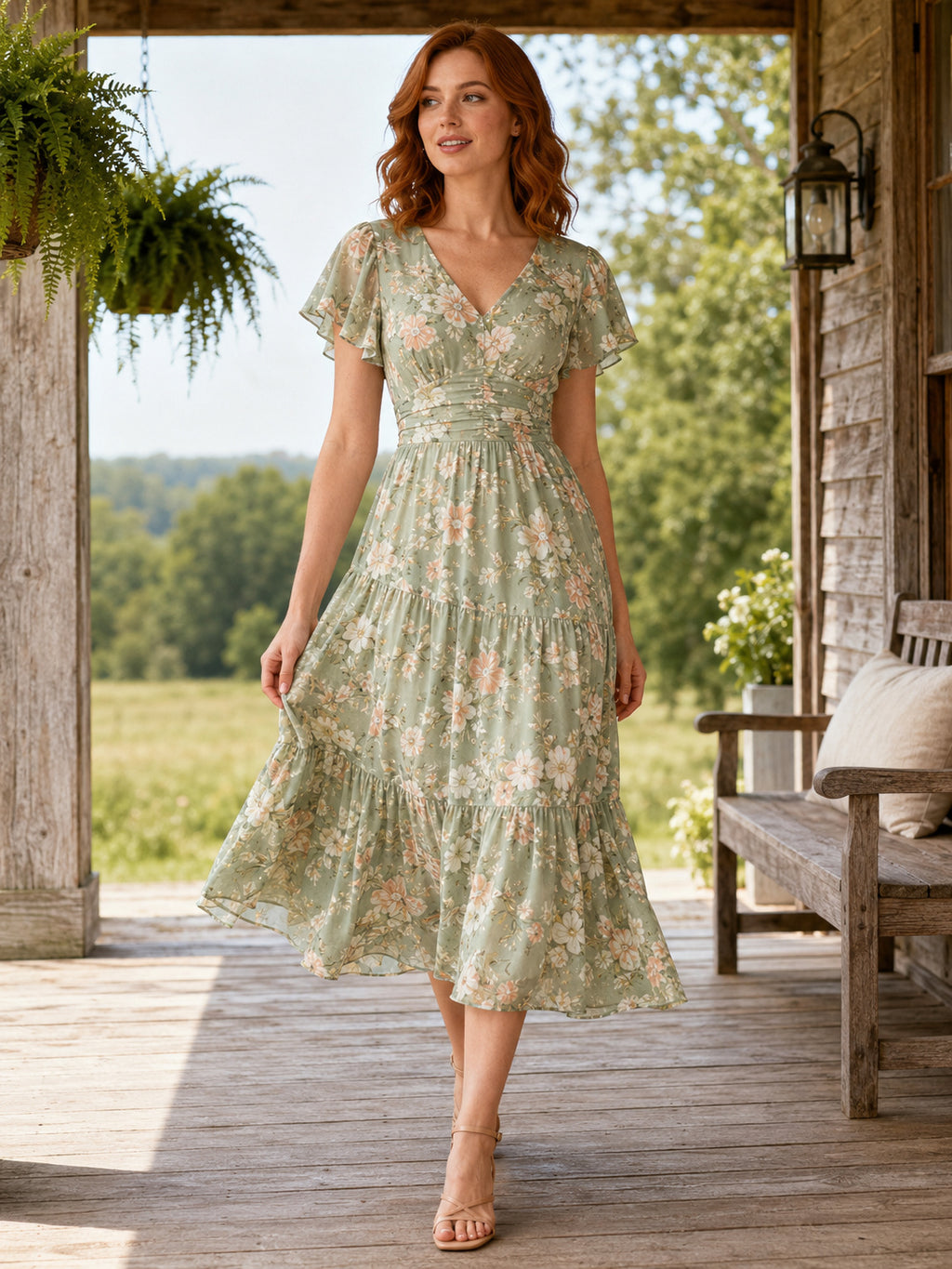 Sage floral V-neck short sleeve farmhouse guest midi dress front view