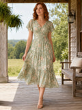 Sage floral V-neck short sleeve farmhouse guest midi dress front view