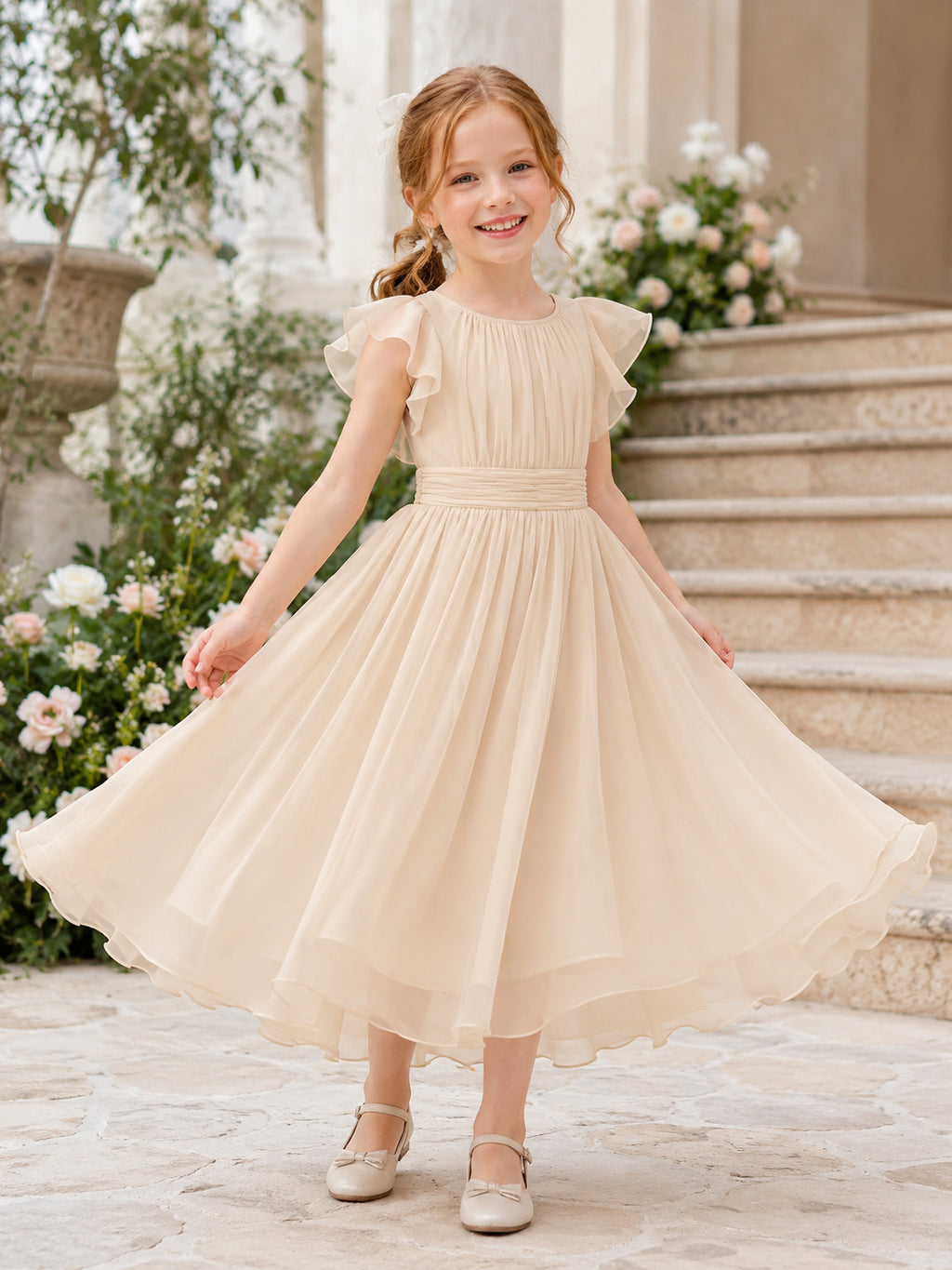 Champagne Romantic Elegant Chiffon Jewel Neck Petal Sleeve Ruched Tea-Length A-Line Garden Flower Girl Dress front view
