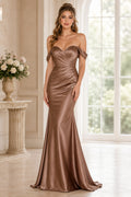 Brown Off-the-Shoulder Satin Sheath Dress with Sweetheart Neckline front view