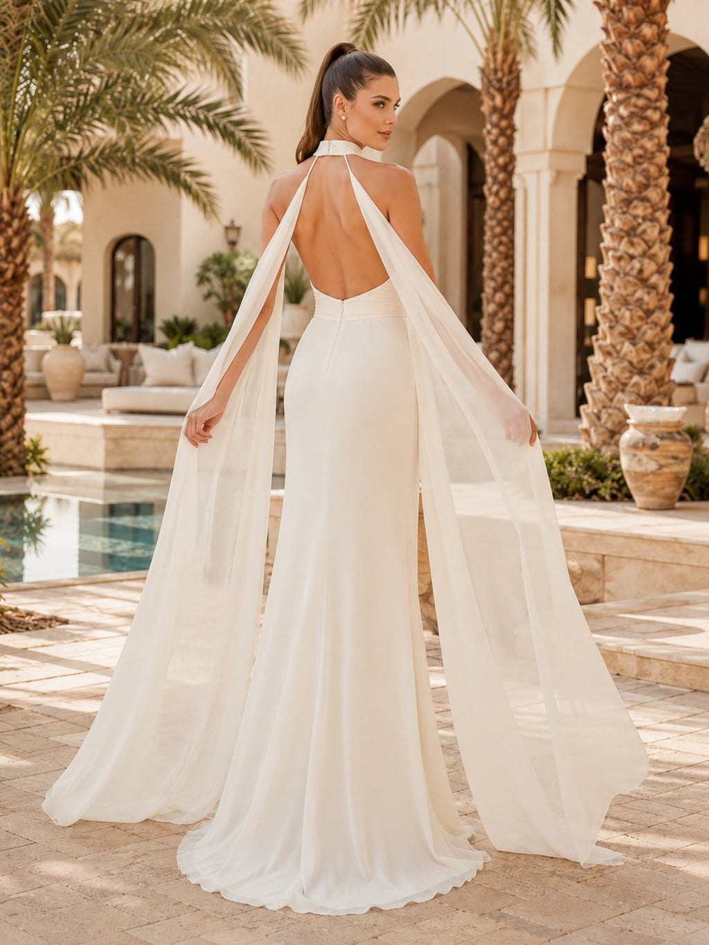 Beach Chiffon Wedding Dress A-Line Halter Sleeveless Floor Length Bridal Gown Style 722599 back view