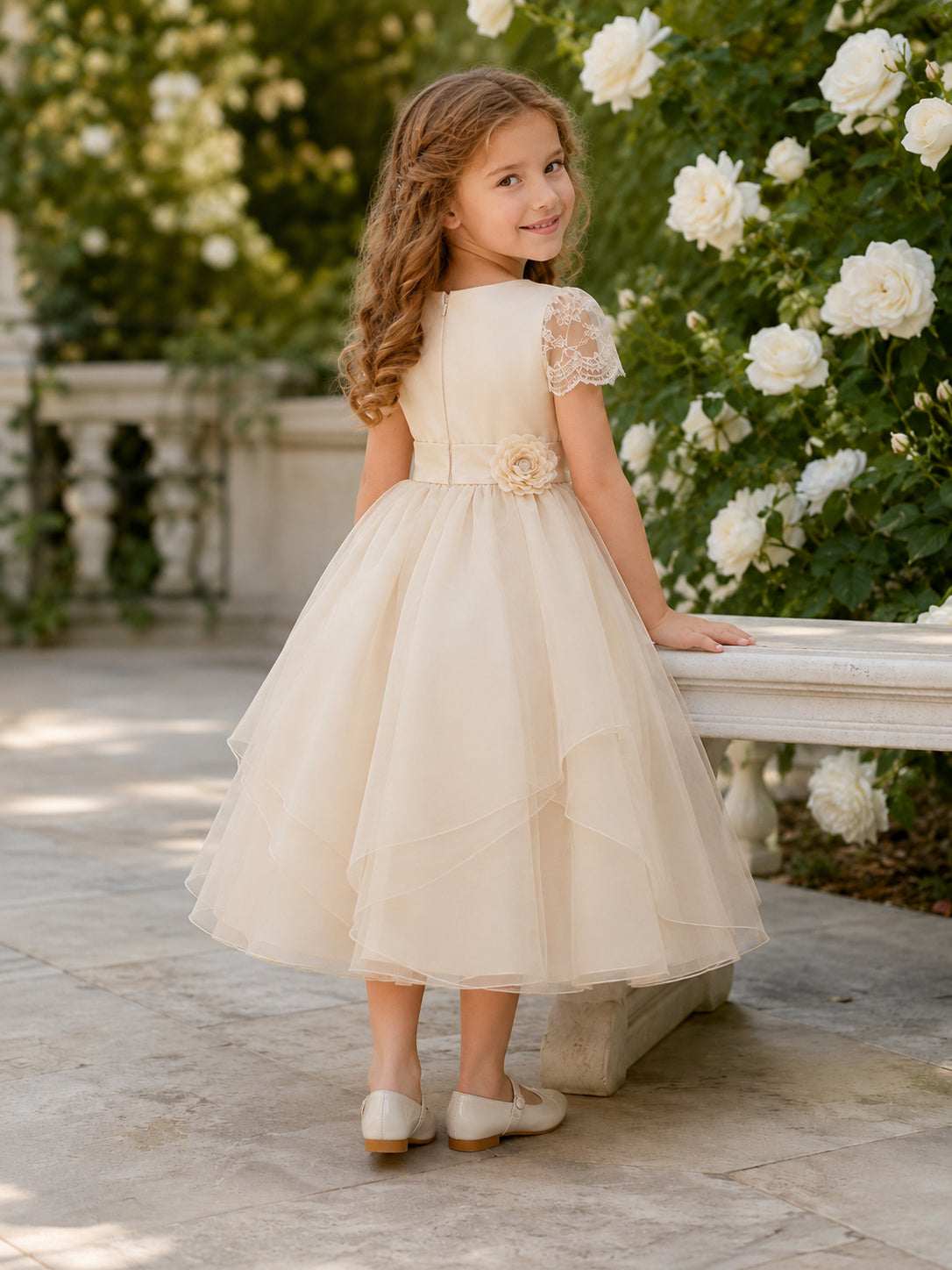 Champagne Flower Girl A-Line Tulle Jewel Neck Cap Sleeve Floral Tiered Party Dress back view