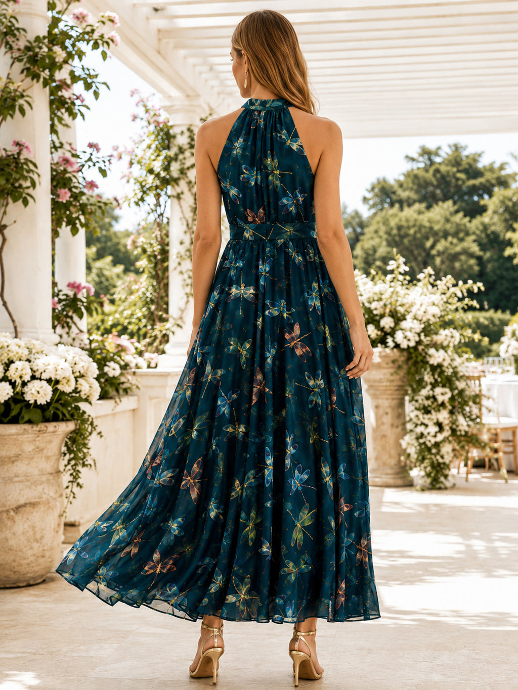 Teal Dragonfly Print Halter Sleeveless A-Line Maxi Garden Dress back view