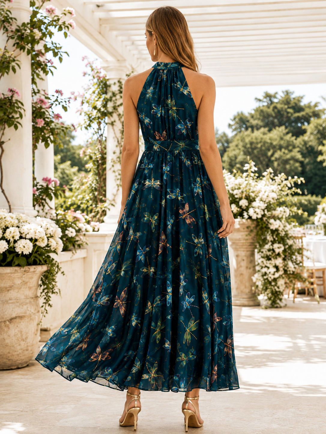 Teal Dragonfly Print Halter Sleeveless A-Line Maxi Garden Dress back view