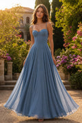 Dusty Blue Strapless Floor-Length Tulle A-Line Dress