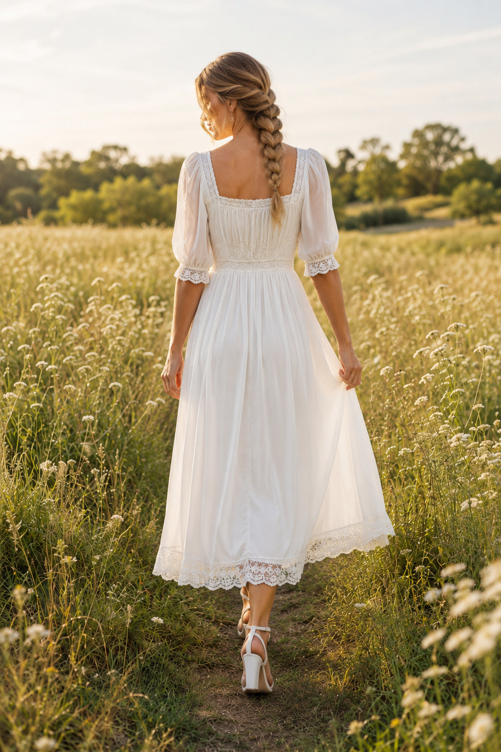 Ivory Square Neck Puff Sleeve Chiffon Lace Tea-Length Wedding Dress with Puff Sleeves and Soft Chiffon Skirt back view