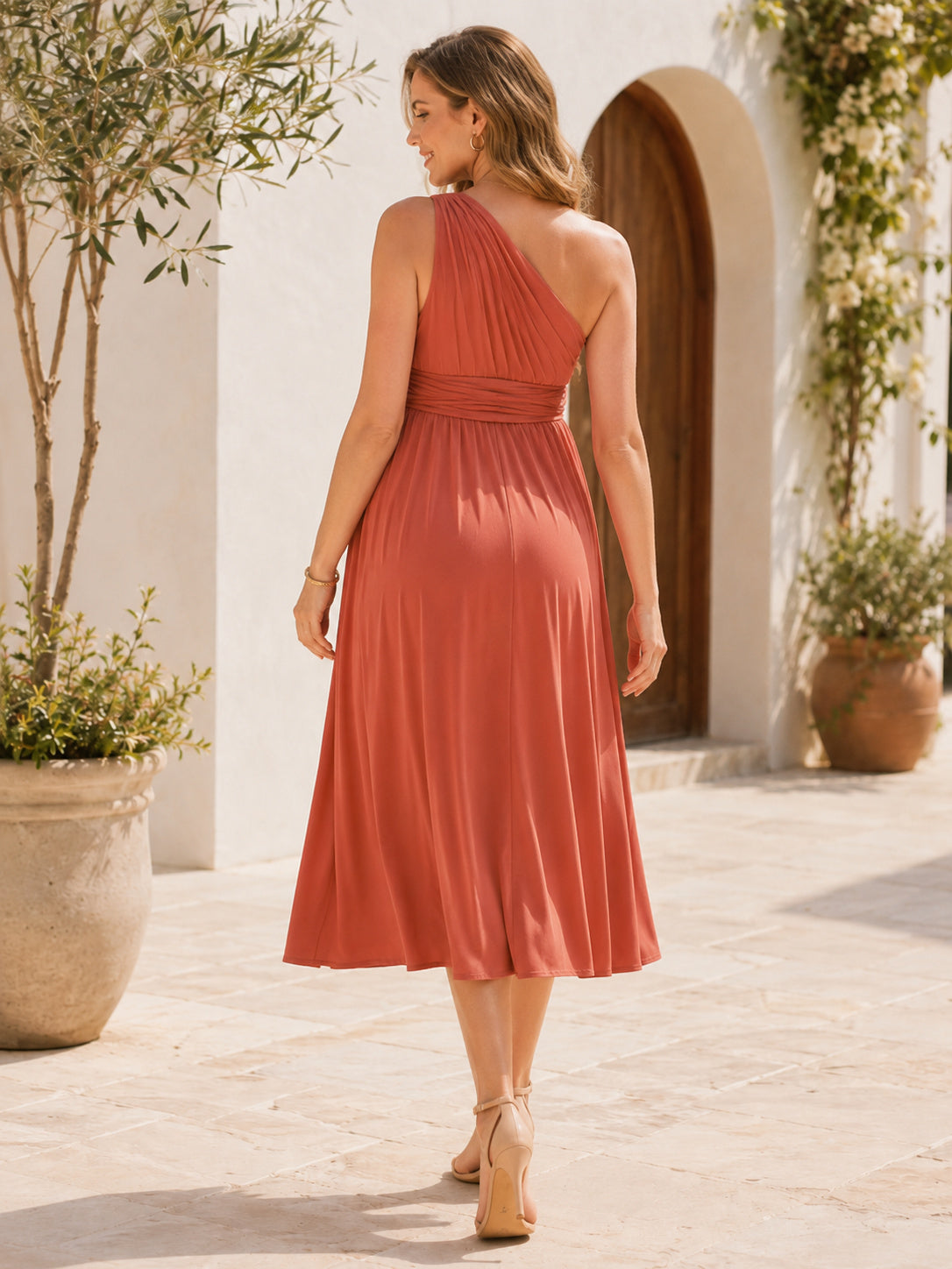Vermilion Maternity One-Shoulder Empire Jersey Tea Length Reception Dress back view
