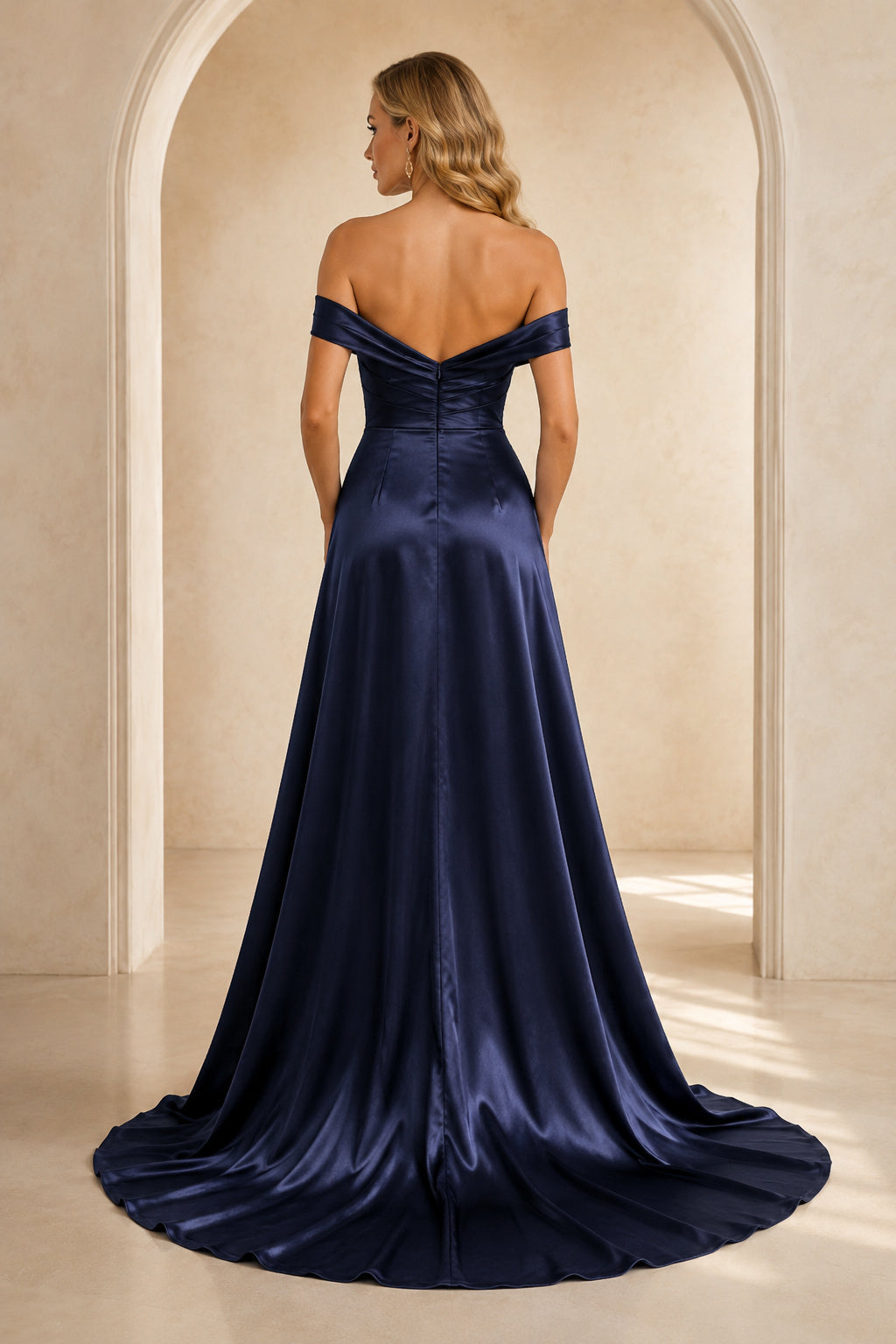 Dark Navy Off-the-Shoulder Satin A-Line Formal Dress with Side Slit back view