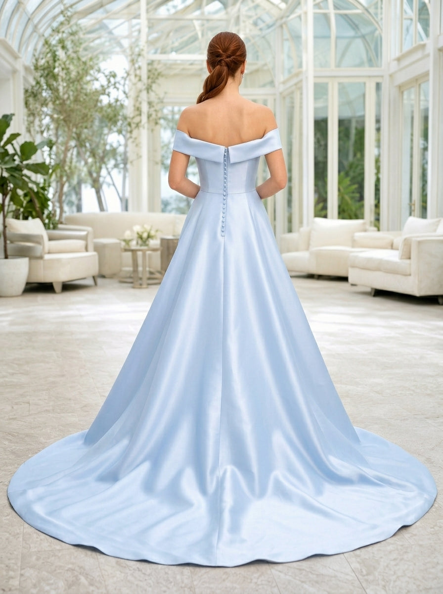 Sky Blue Off-the-Shoulder Satin High-Low A-Line Formal Dress with Full Pleated Skirt back view