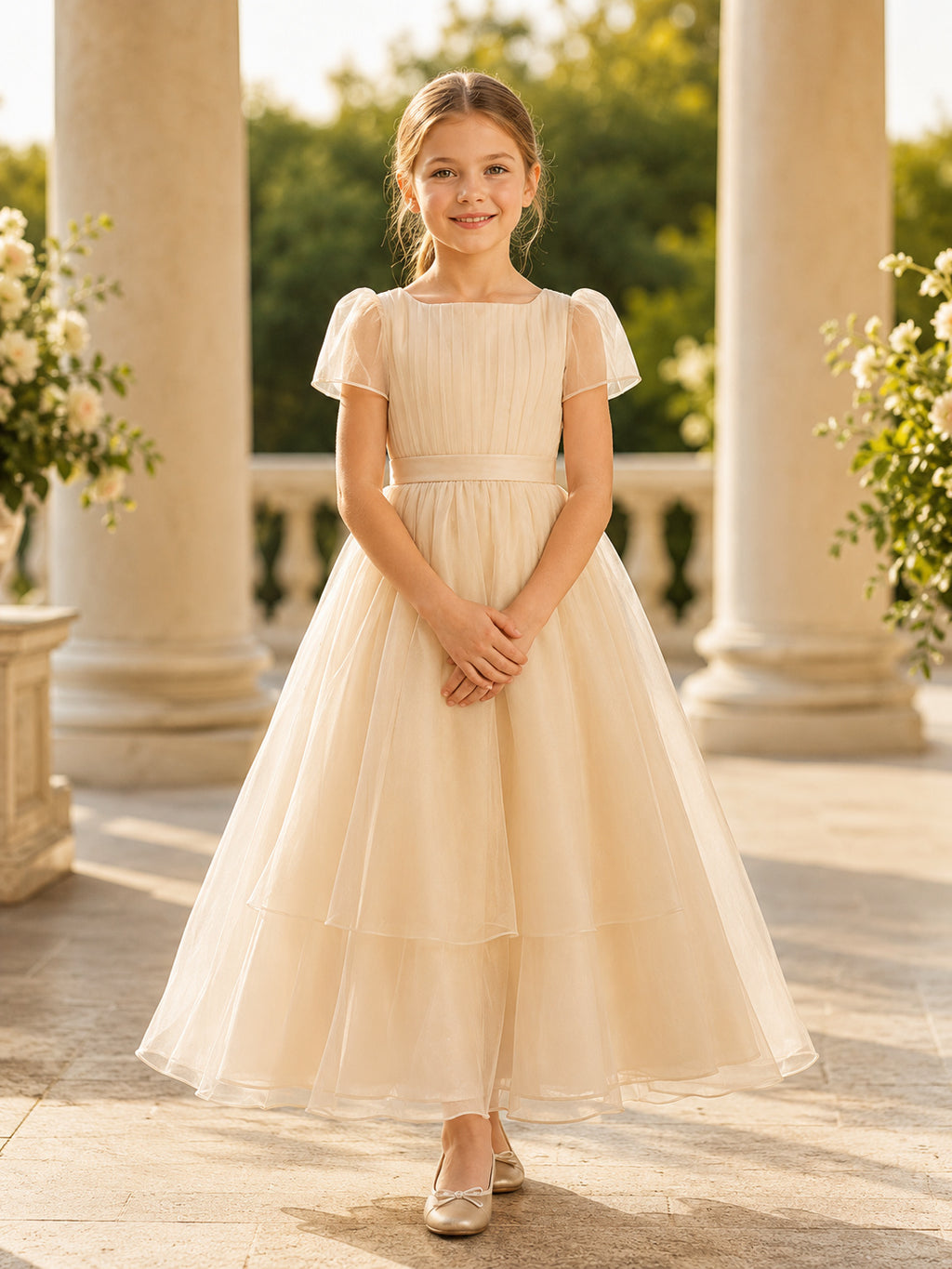 Flower Girl Dress Champagne Tulle A-Line Short Sleeve Jewel Neck Tea Length Pleated Skirt front view