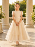 Flower Girl Dress Champagne Tulle A-Line Short Sleeve Jewel Neck Tea Length Pleated Skirt front view