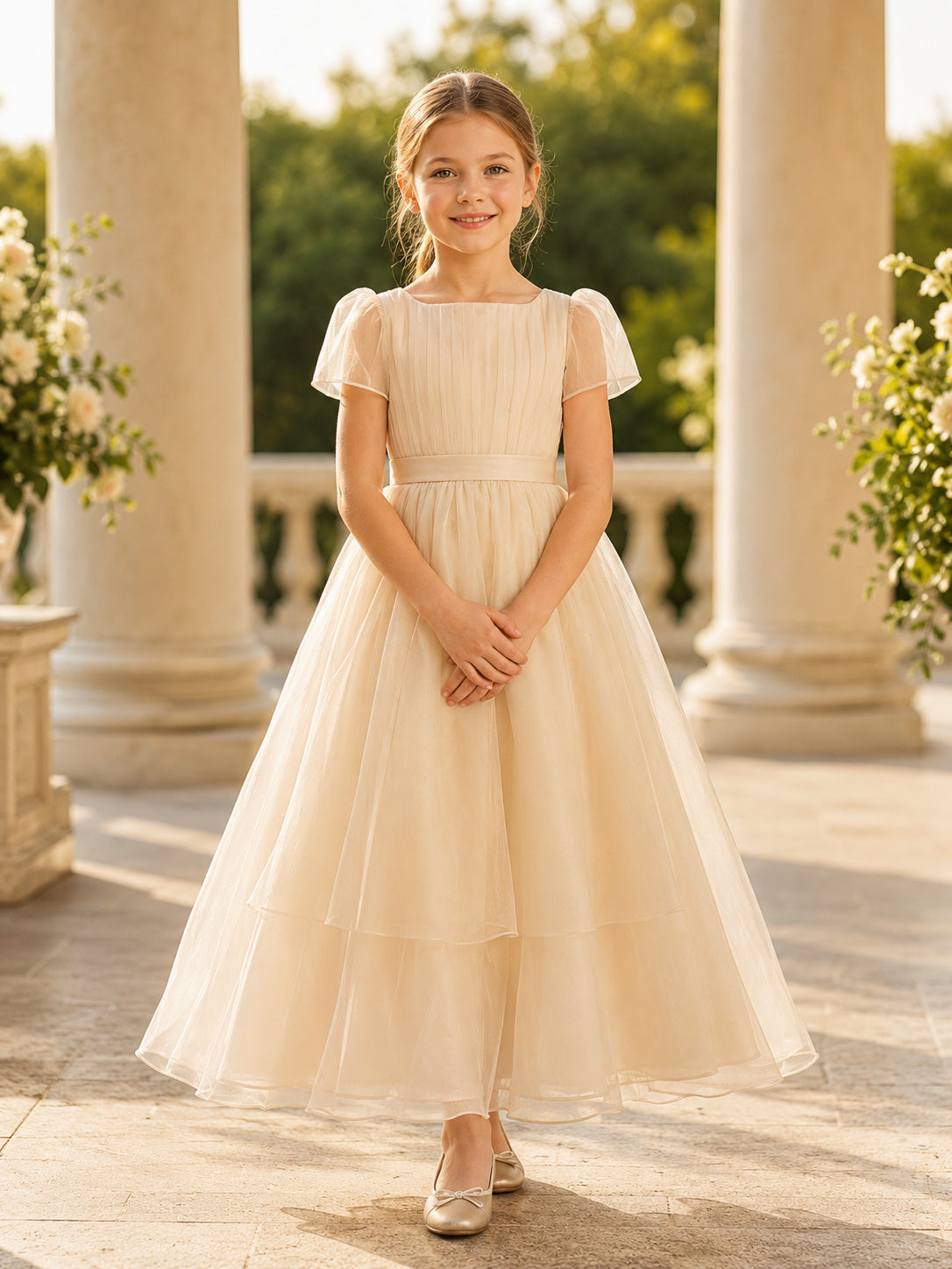 Flower Girl Dress Champagne Tulle A-Line Short Sleeve Jewel Neck Tea Length Pleated Skirt front view