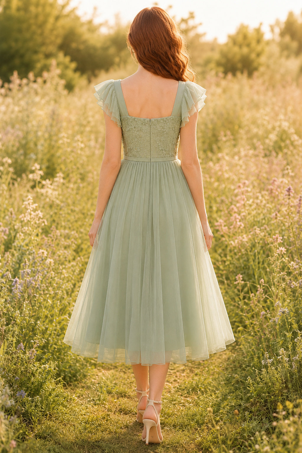 Sage Square Neck Tea-Length Tulle Dress with Flutter Sleeves back view