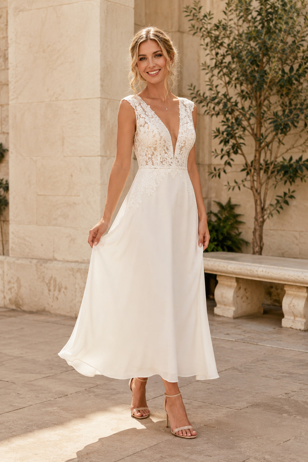 Ivory V-Neck Sleeveless Tea-Length Chiffon A-Line Wedding Guest Dress front view