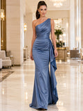 Steel Blue One Shoulder Satin Draped Slit Dress front view