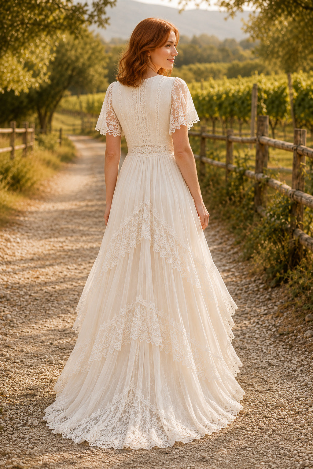 Ivory V-Neck High-Low Lace Wedding Dress with Flutter Sleeves and Sweep Train for Garden Reception back view