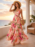Pink Caribbean Floral V Neck Tiered Chiffon Maxi Guest Dress front view