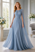 Sky Blue Chiffon A-Line Mother of the Bride Dress with Cape Sleeves and Applique Bodice front view