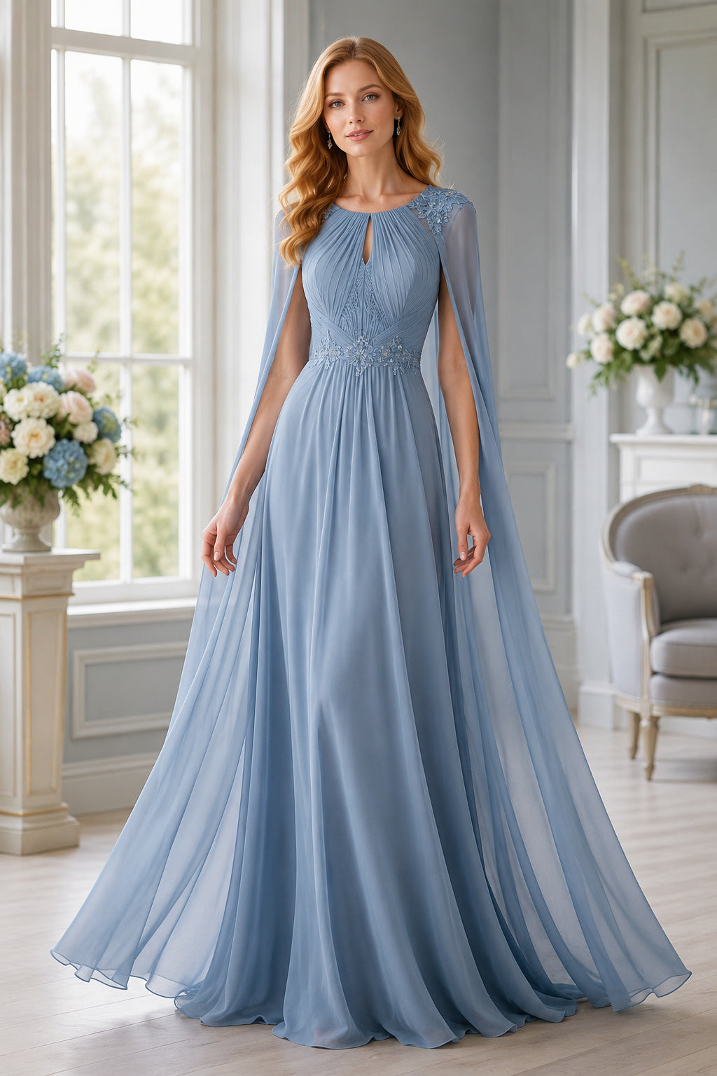 Sky Blue Chiffon A-Line Mother of the Bride Dress with Cape Sleeves and Applique Bodice front view