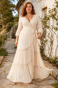 Plus Size Boho V-Neck Long Sleeve Chiffon Wedding Dress with Tiered Skirt front view