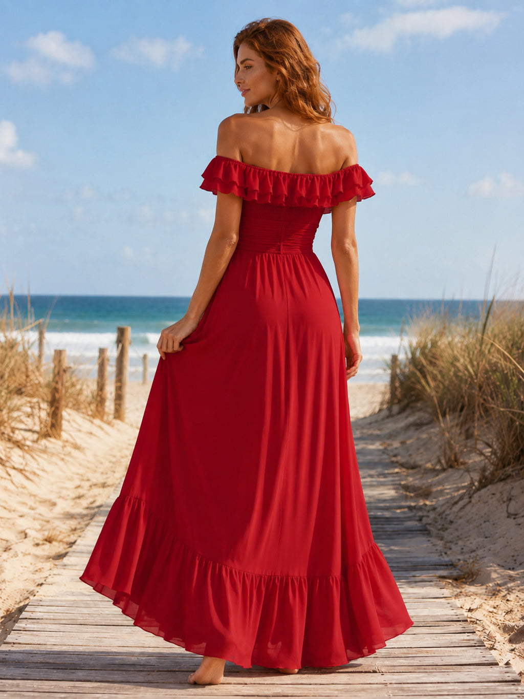 Red Off Shoulder Ruffle Chiffon Beach Photoshoot Maxi Dress back view