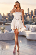 White Spaghetti Square Neck High Low Asymmetrical Cocktail Dress for Wedding Reception and Party front view