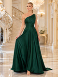 Dark Green Satin One-Shoulder Floor-length Formal Dress front view