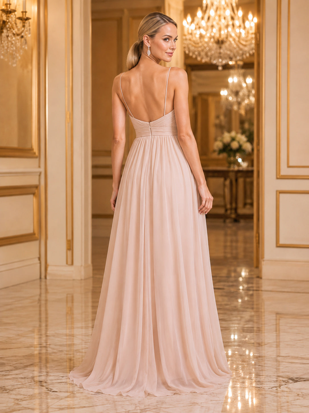 Blush Strapless Chiffon Evening Party A-Line Gown back view