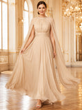 Champagne Pleated Chiffon Cape Sleeve A Line Gown front view